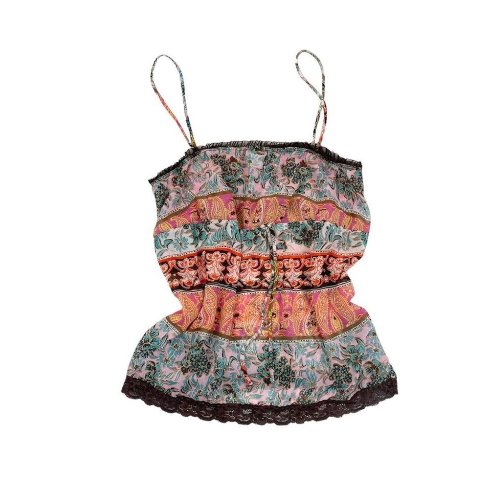 y2k wet seal‎ boho flowy tank top sepia print camiseta vintage bow tie lace trim